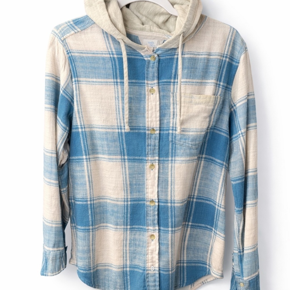 ✨ Time and Tru Blue White Plaid Hooded Button Down Shirt Medium ✨ - Picture 2 of 2